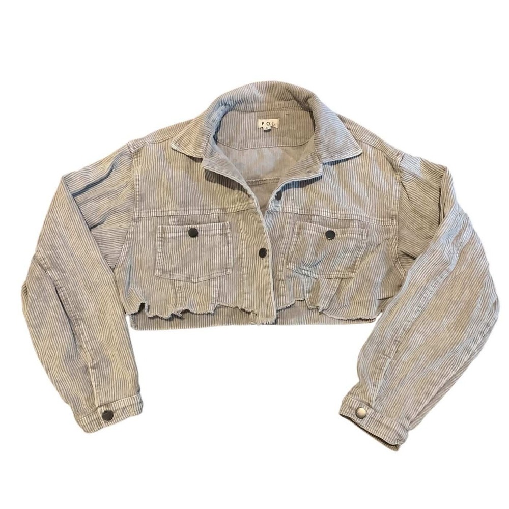 POL Corduroy Jacket Womens Small Beige Distressed Star Patch Raw Hem Boho SMJ179